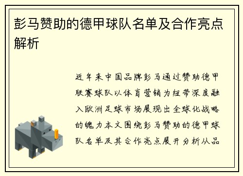 彭马赞助的德甲球队名单及合作亮点解析