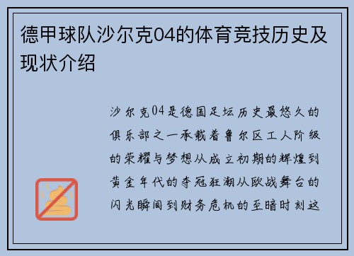 德甲球队沙尔克04的体育竞技历史及现状介绍